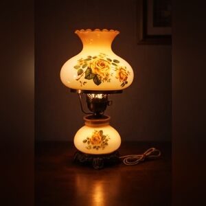 Vintage Electric Hurricane-Style Lamp w/ Floral Milk Glass Shade & Metal Ring